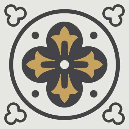 Метлахская узорная плитка ENC03 (Super White Bas, Black Noi, Yellow Jau) 10х10 см Winckelmans