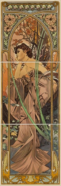 Керамическое панно Alphonse Mucha Evening Reverie компл.3 плитки 15,2х15,2см Original Style